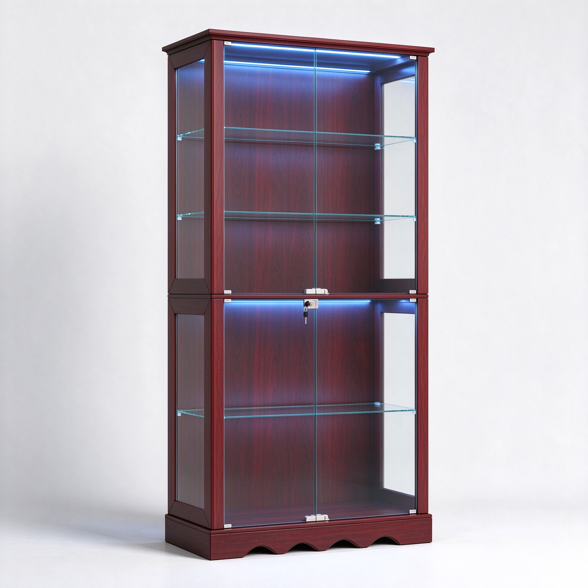 Dark cherry two-section glass cabinet clear sides left 45 degree view