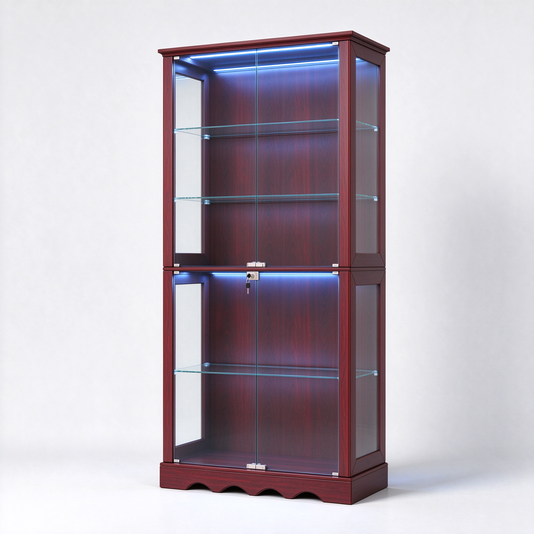Dark cherry two-section glass cabinet clear sides right 45 degree view