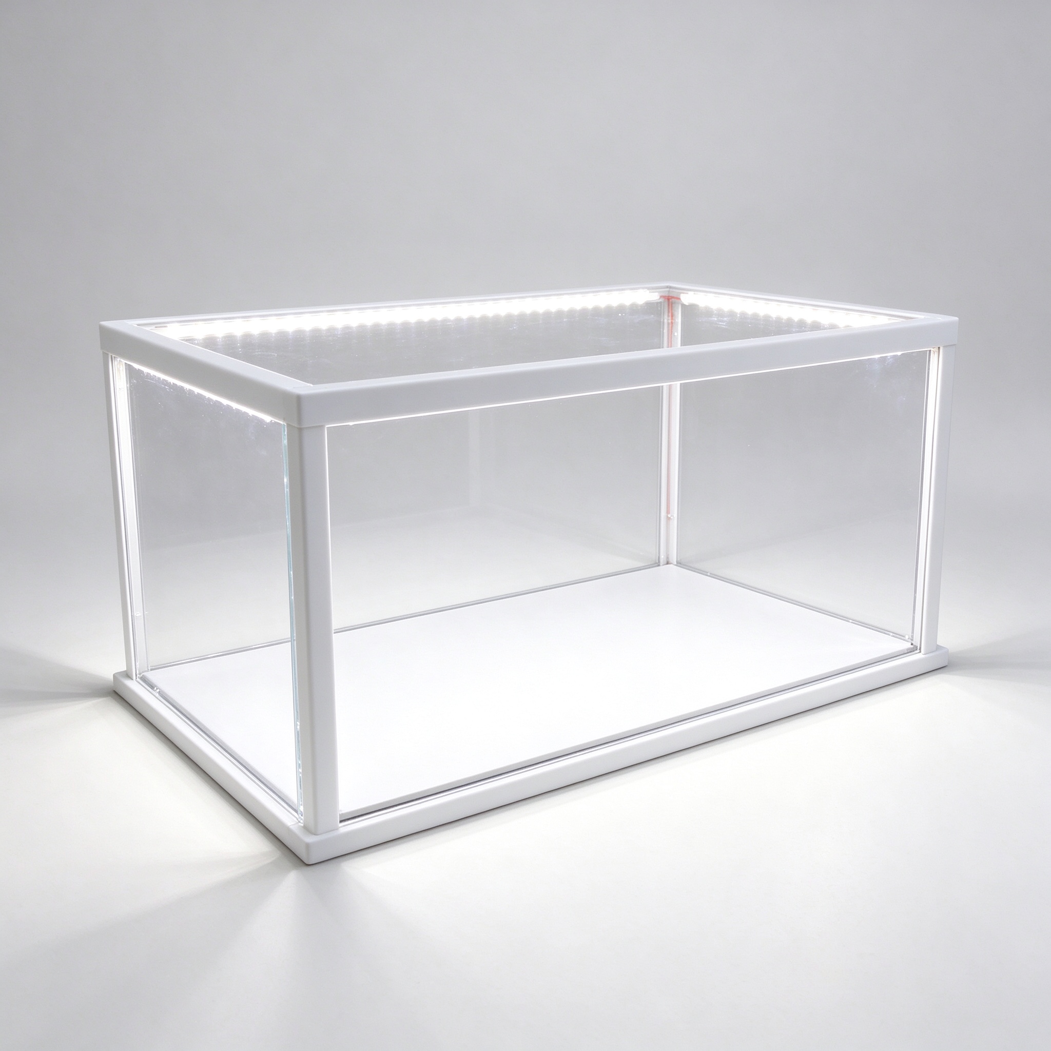 Illuminated matte white acrylic display box left 45 degree view