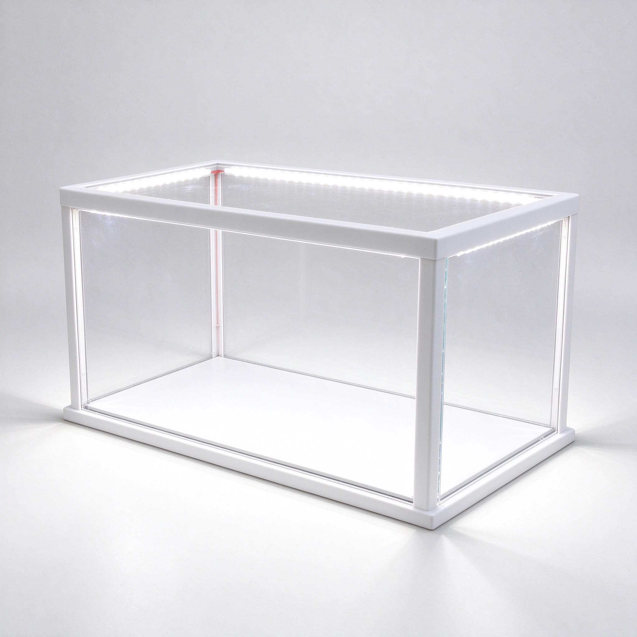 Illuminated matte white acrylic display box right 45 degree view