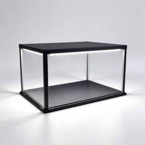 Black flat-top glass display box with top LED strip left 45 degree view