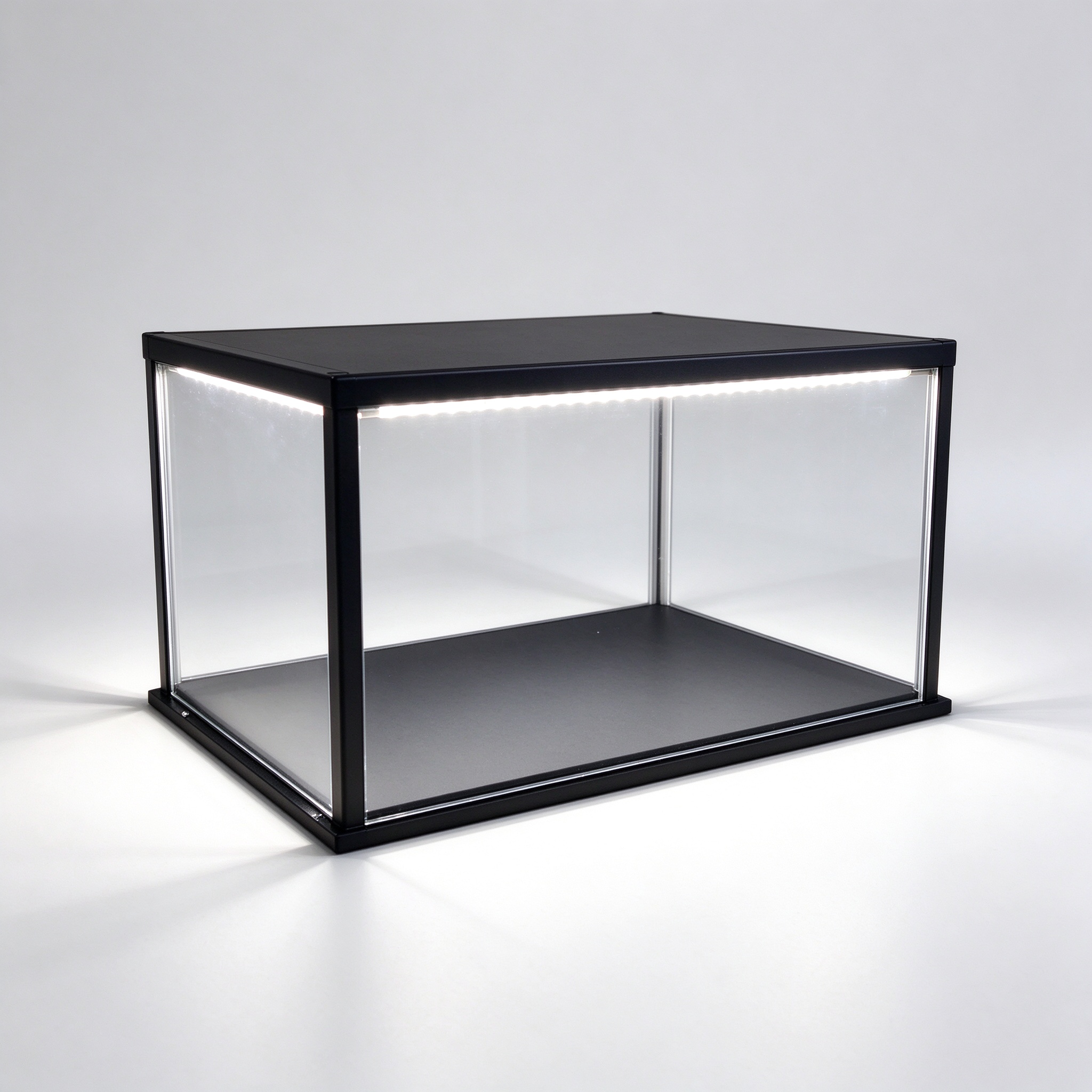 Black flat-top glass display box with top LED strip left 45 degree view