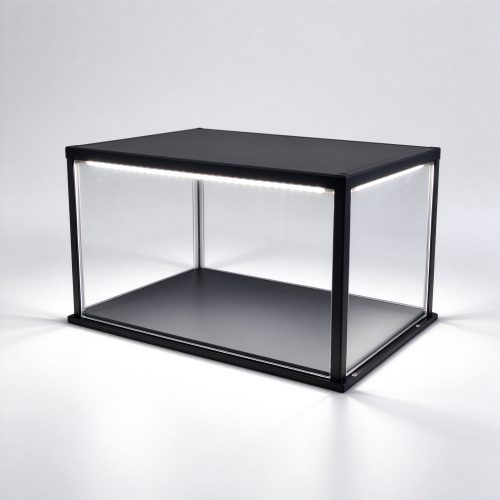Black flat-top glass display box with top LED strip right 45 degree view