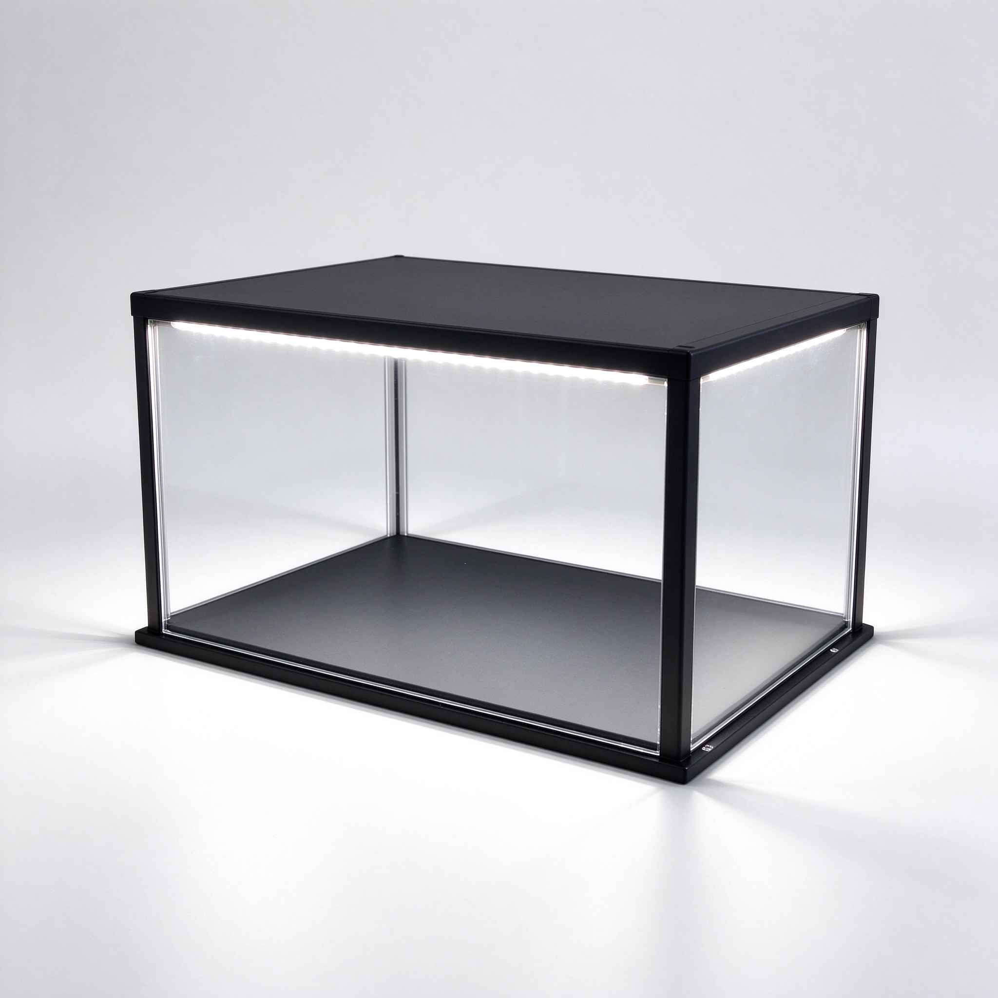 Black flat-top glass display box with top LED strip right 45 degree view