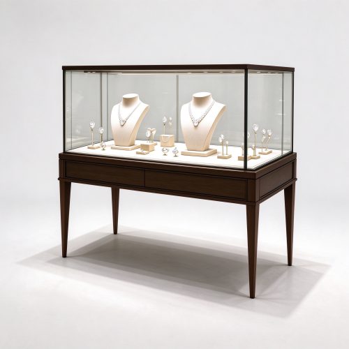 Dark walnut jewelry island left 45 degree square view