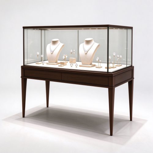 Dark walnut jewelry island right 45 degree square view