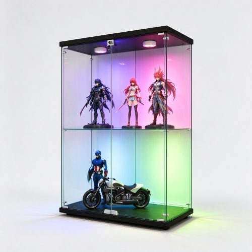 RGB backlit two-tier figure cabinet left 45 degree view