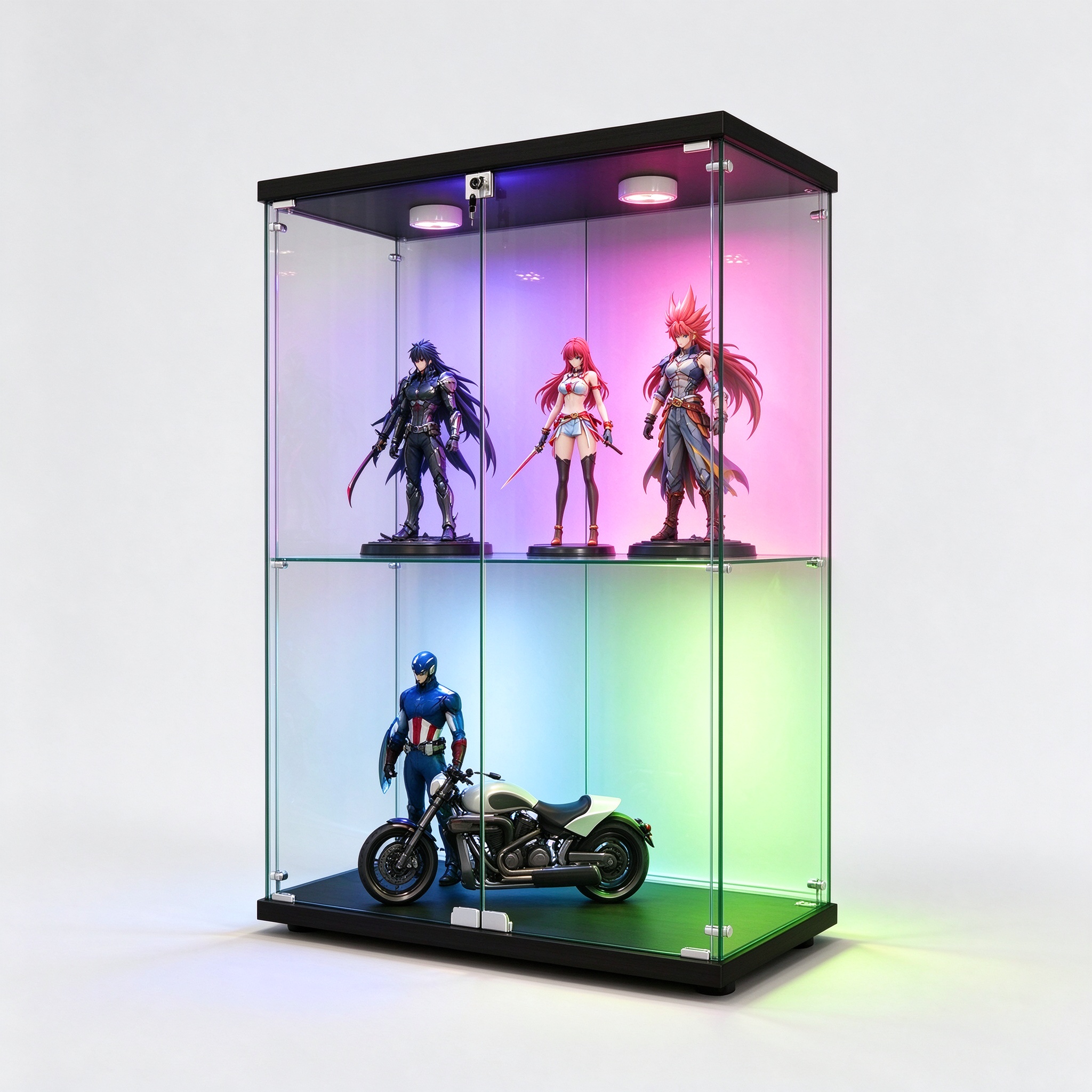RGB backlit two-tier figure cabinet left 45 degree view