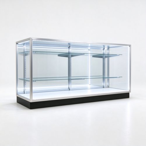 Silver aluminum low display case left 45 degree square view