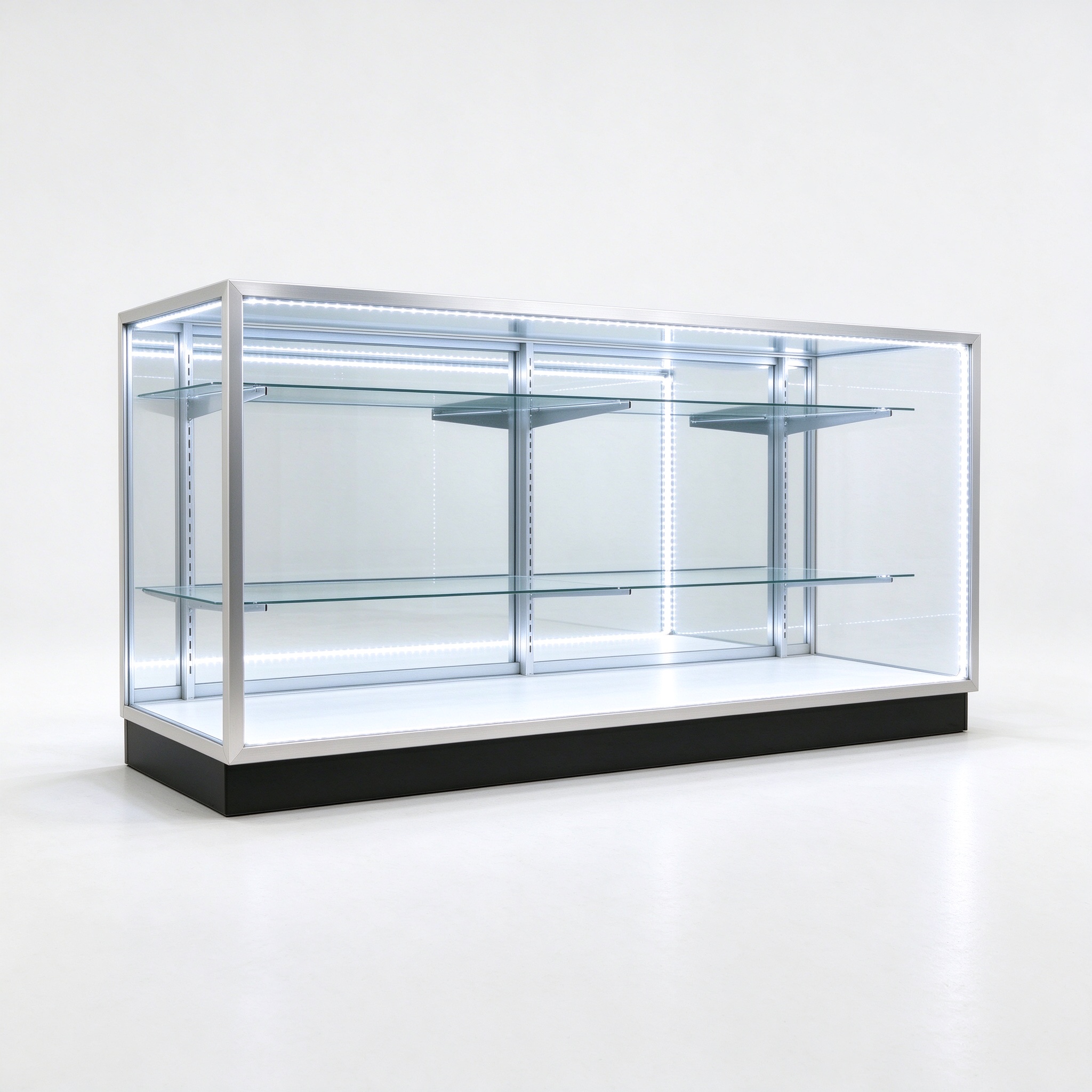 Silver aluminum low display case left 45 degree square view