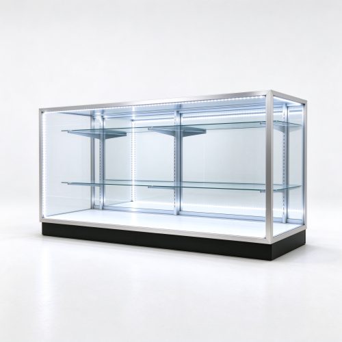 Silver aluminum low display case right 45 degree square view