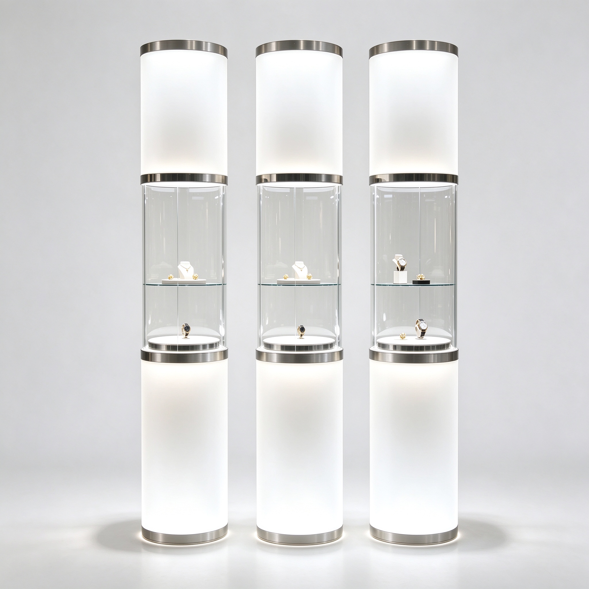 Trio of frosted glow pillars left 45 degree square view