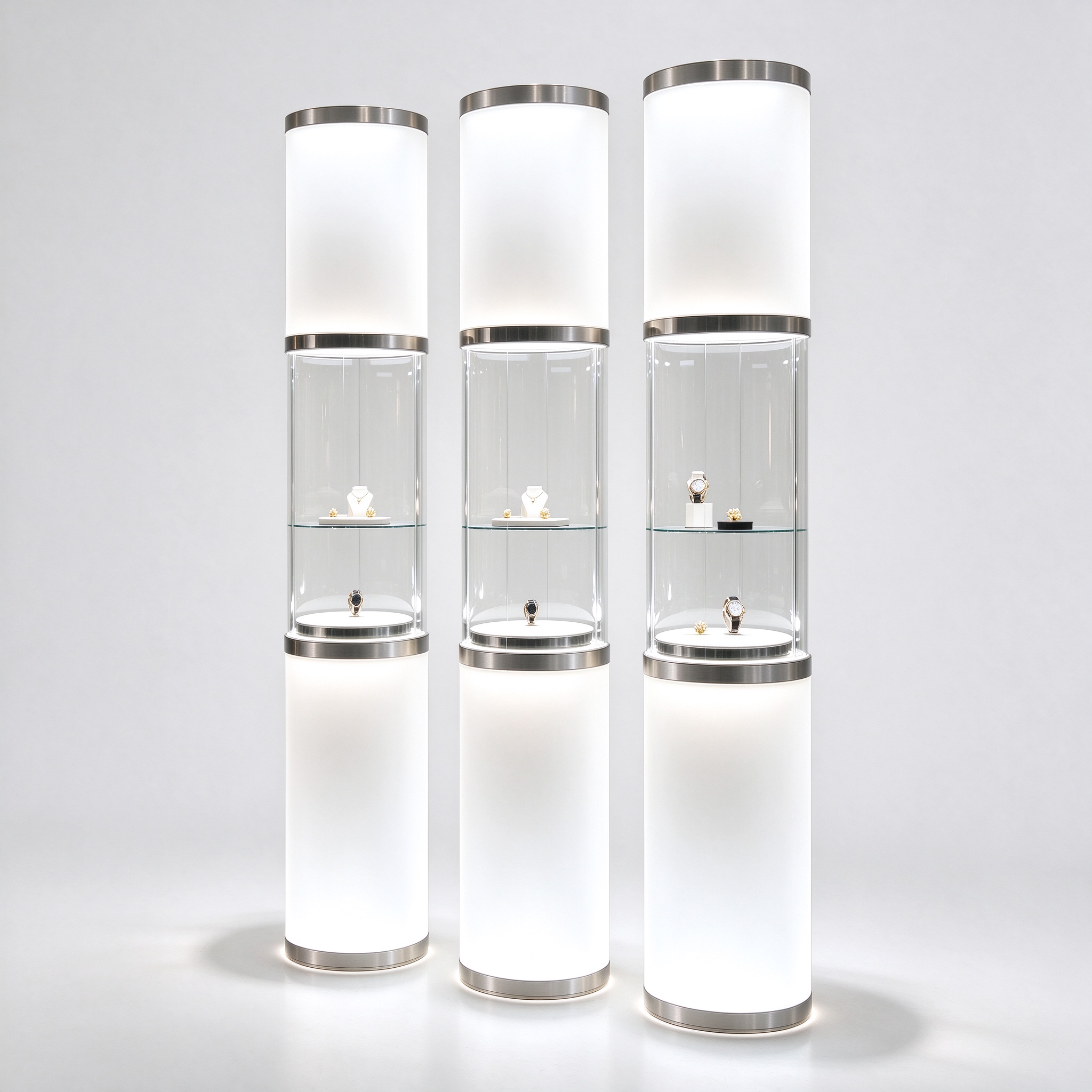 Trio of frosted glow pillars right 45 degree square view