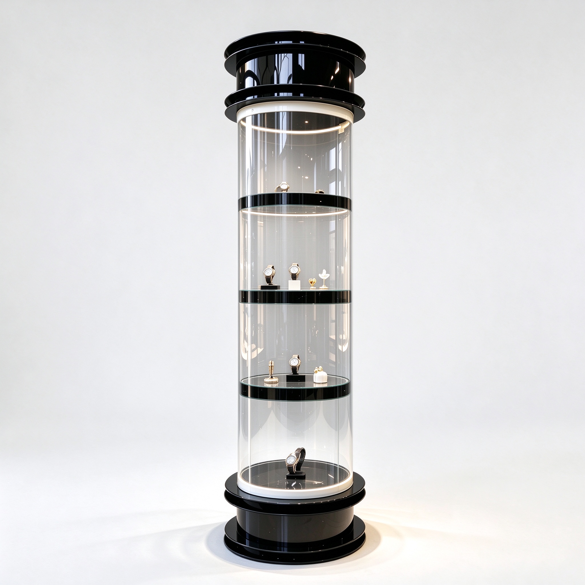 Black cylinder watch tower left 45 degree square view