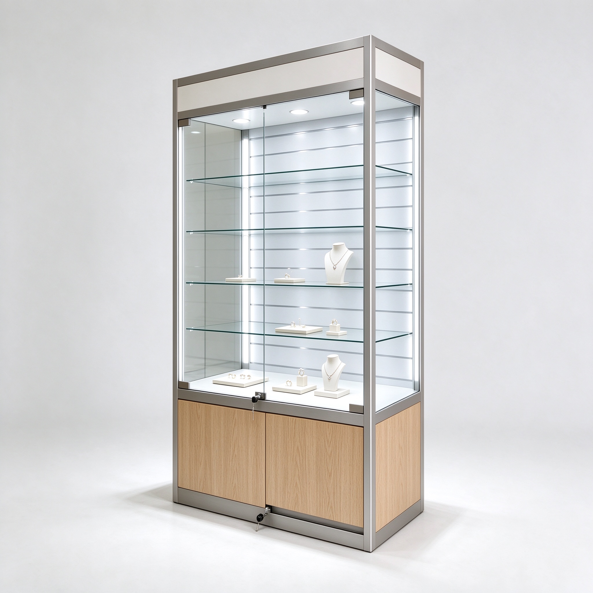 LED-lit silver oak display cabinet left 45 degree square view