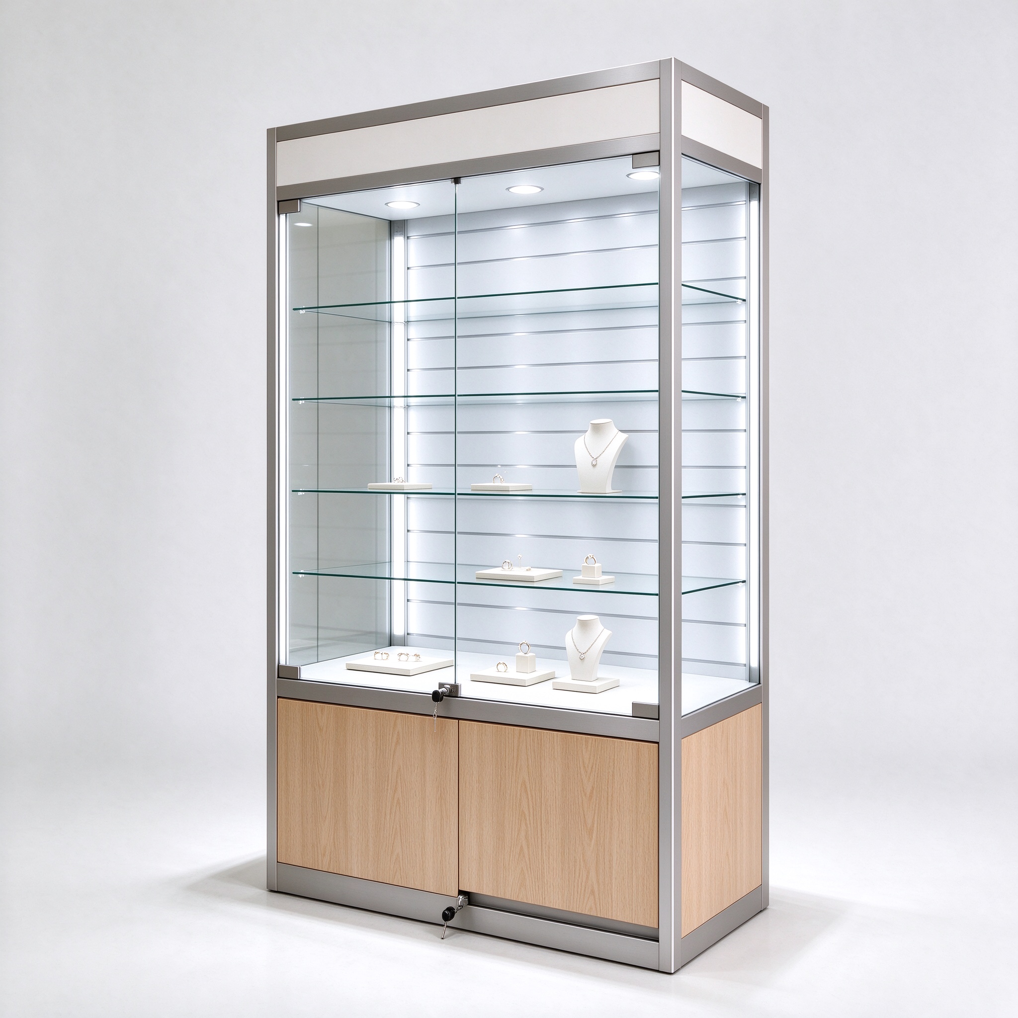 LED-lit silver oak display cabinet right 45 degree square view
