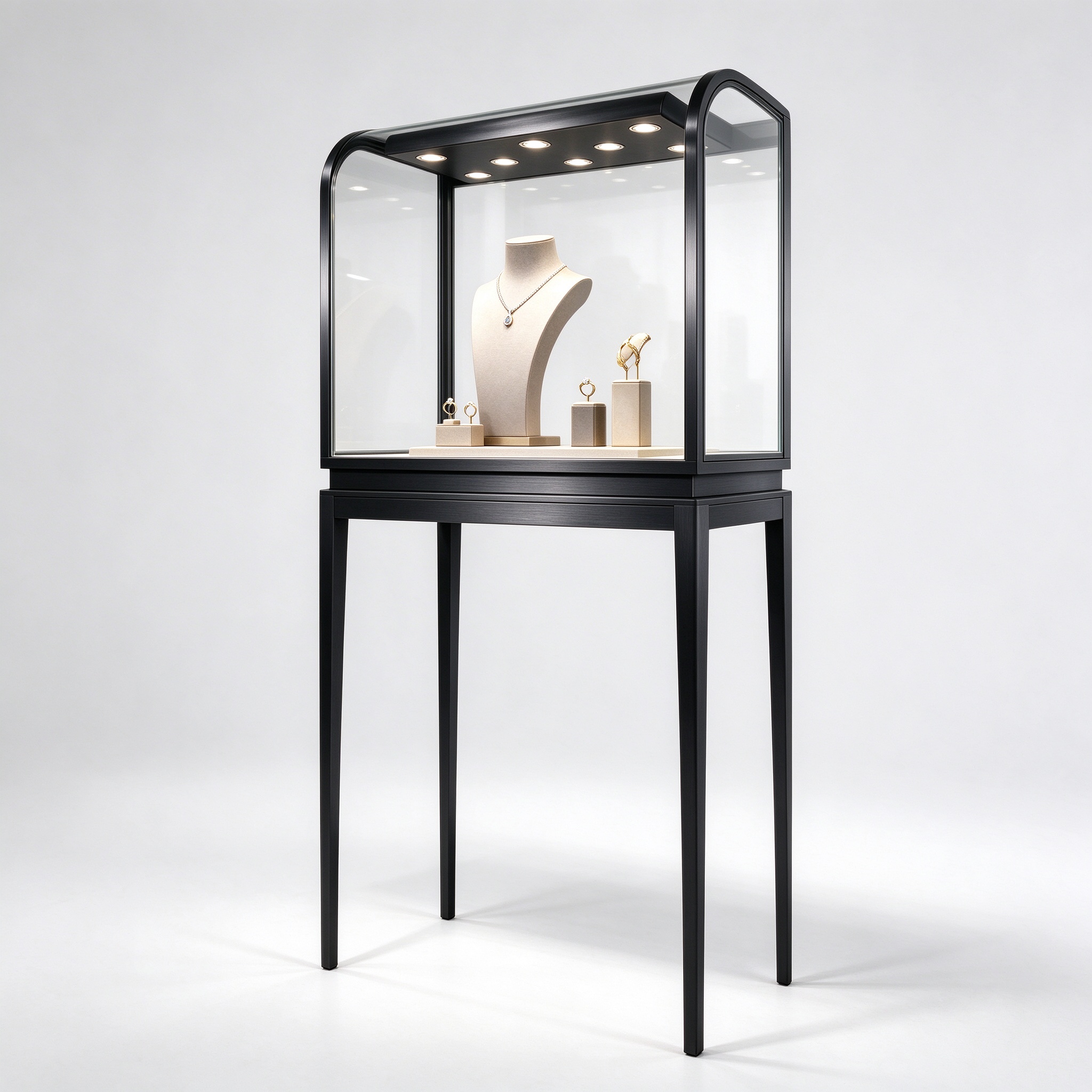 Black titanium curved vitrine left 45 degree square view