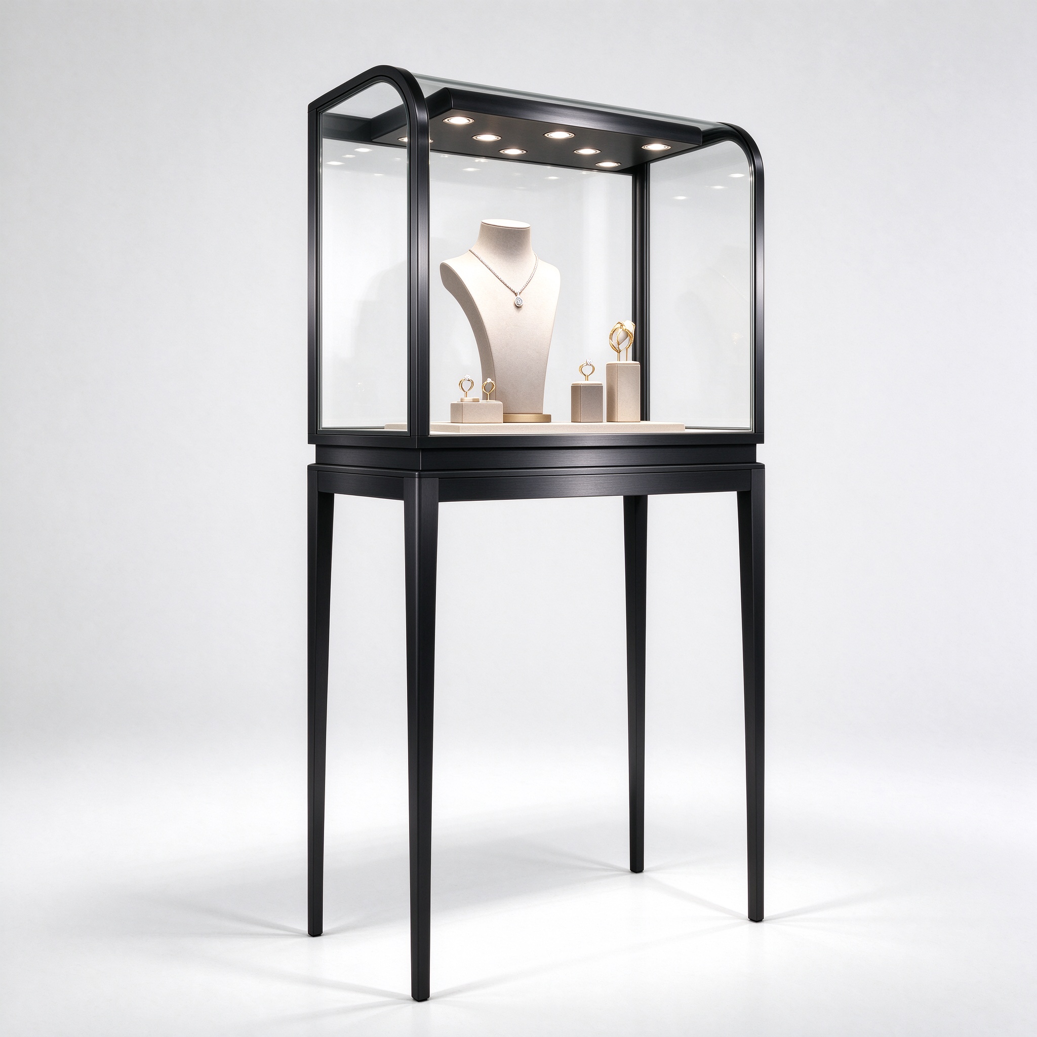 Black titanium curved vitrine right 45 degree square view