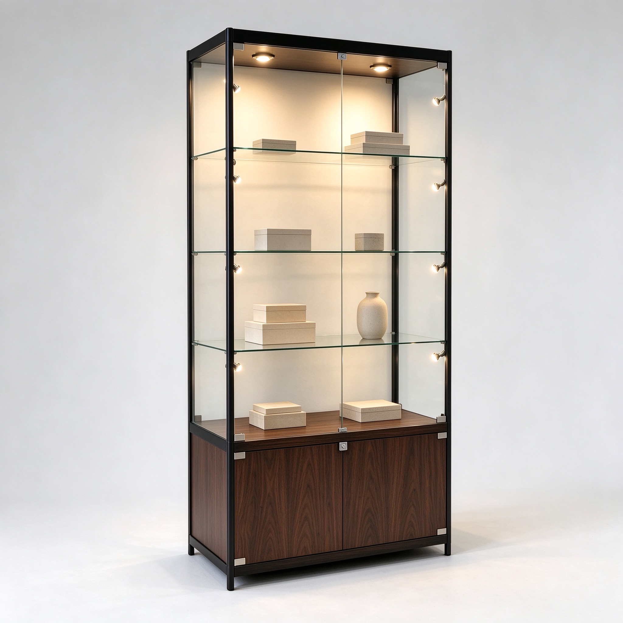 Black aluminum walnut cabinet left 45 degree square view