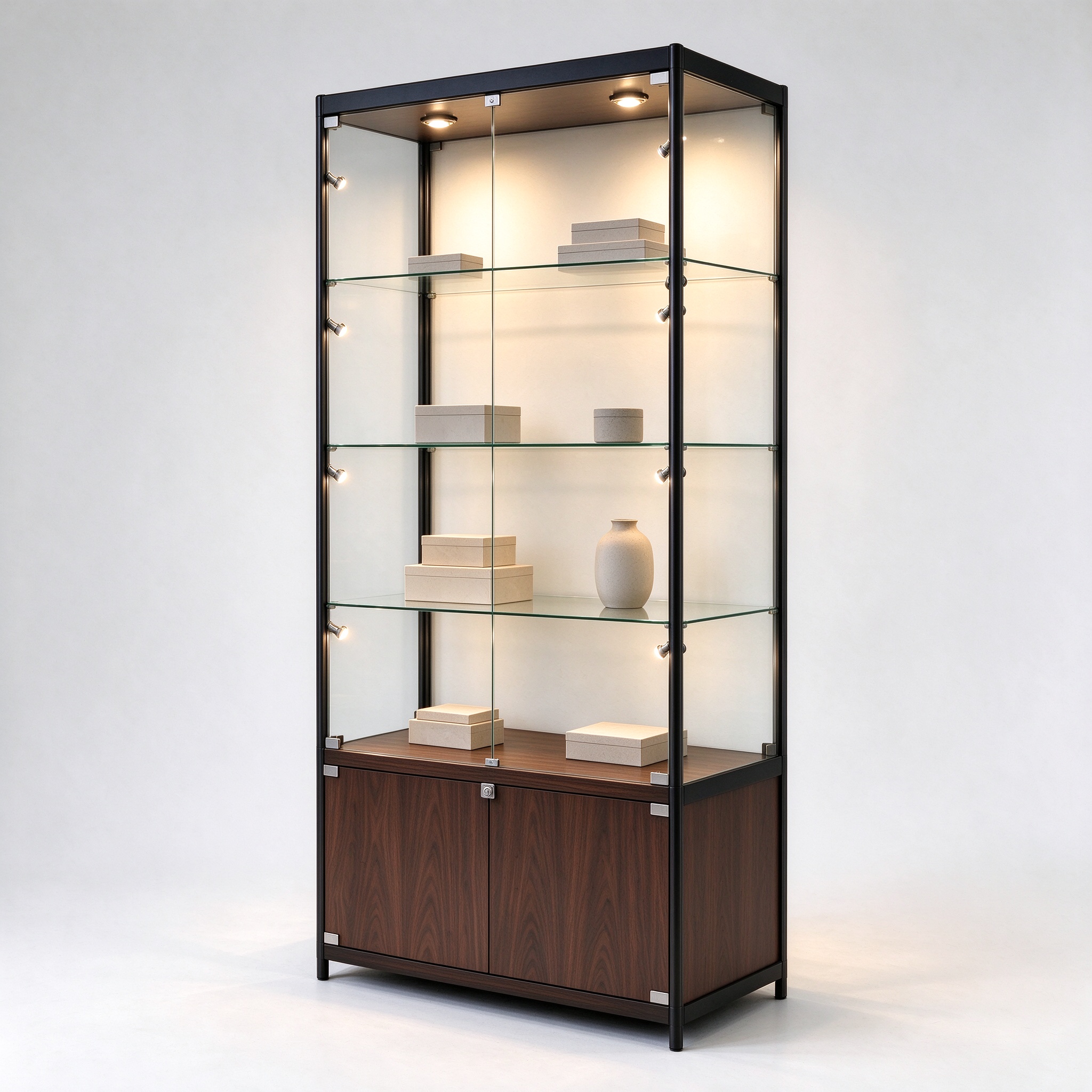Black aluminum walnut cabinet right 45 degree square view
