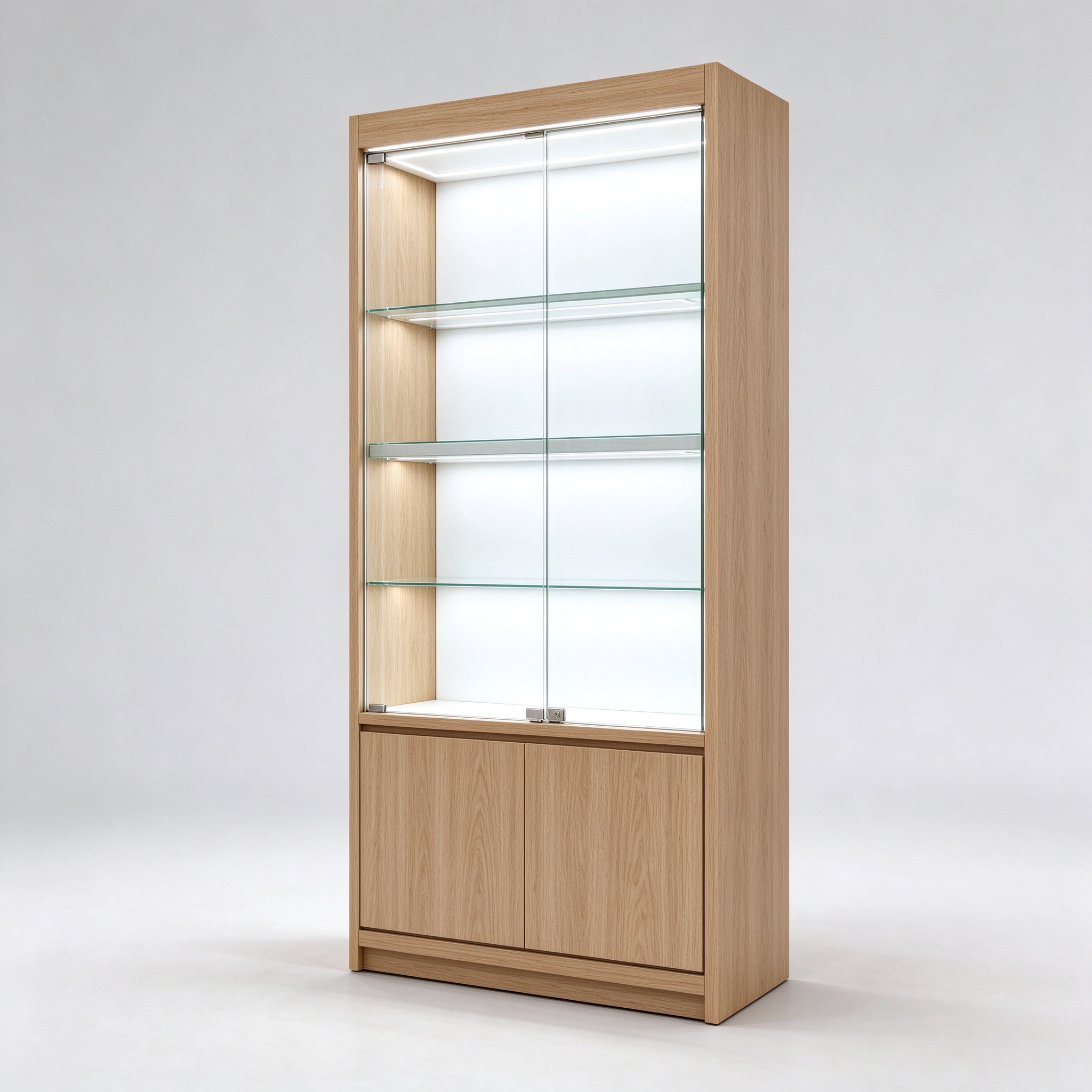 Light oak backlit cabinet left 45 degree square view