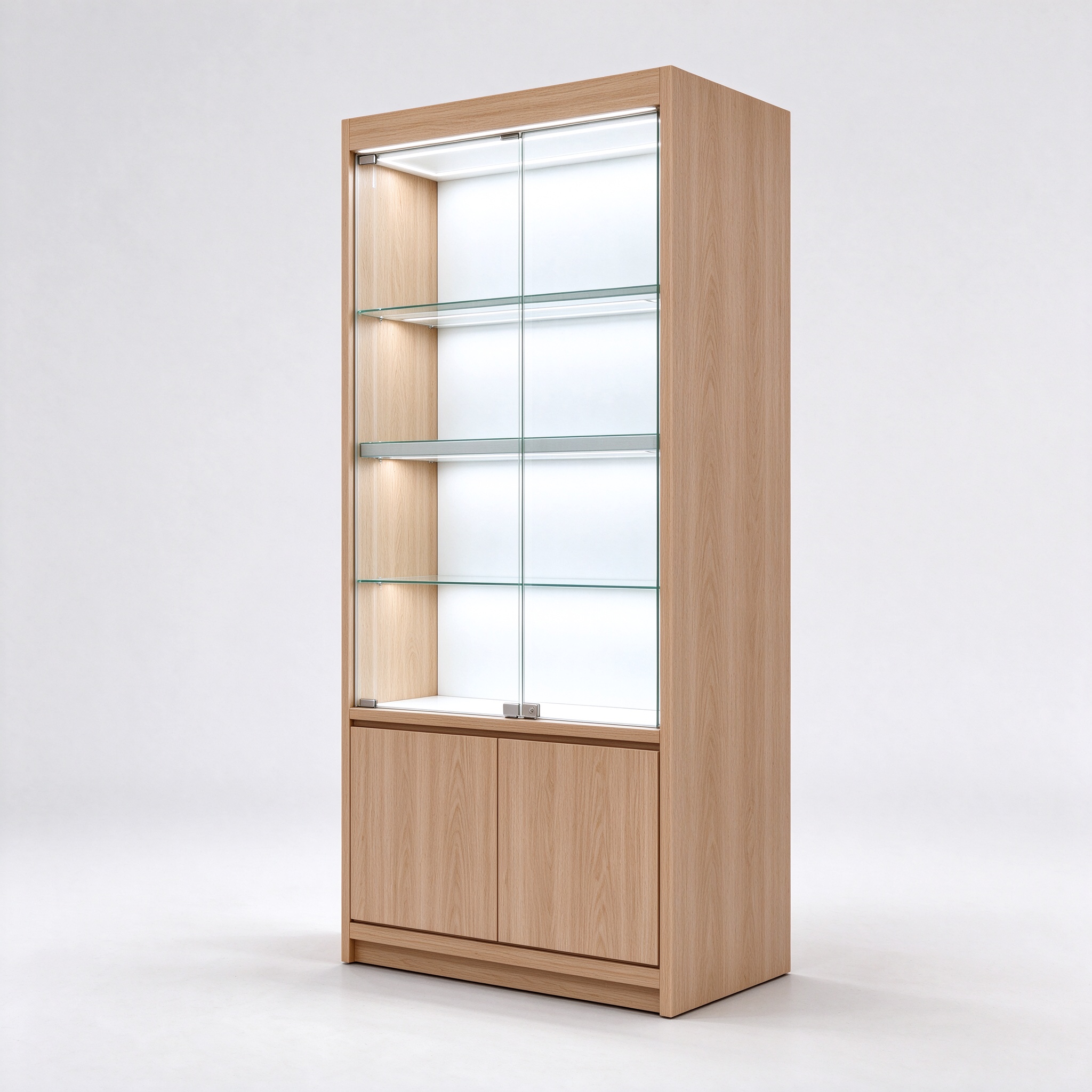 Light oak backlit cabinet right 45 degree square view