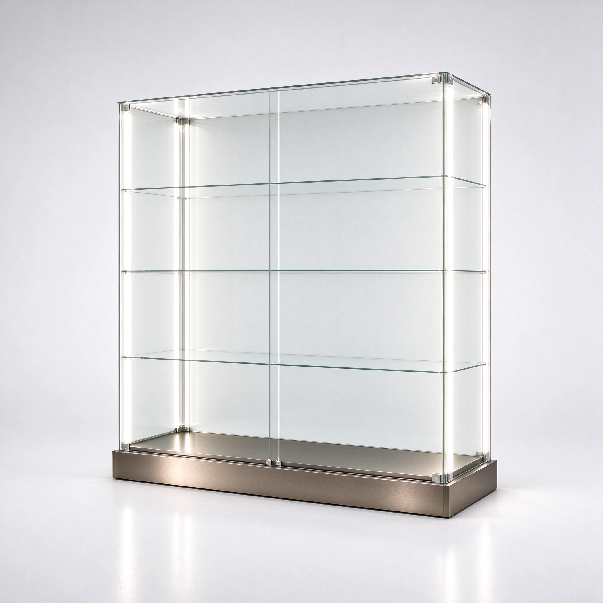 Backlit bronze all-glass cabinet left 45 degree square view