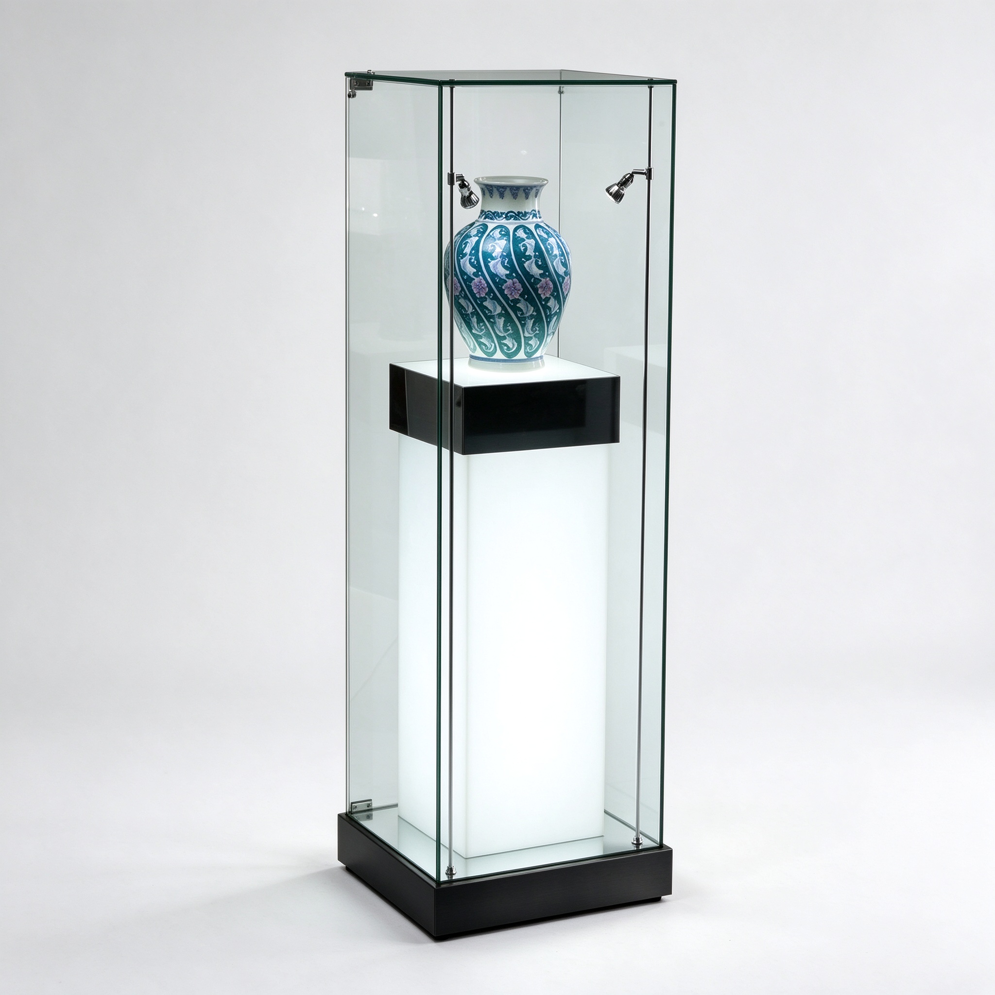 Museum illuminated pedestal case left 45 square view