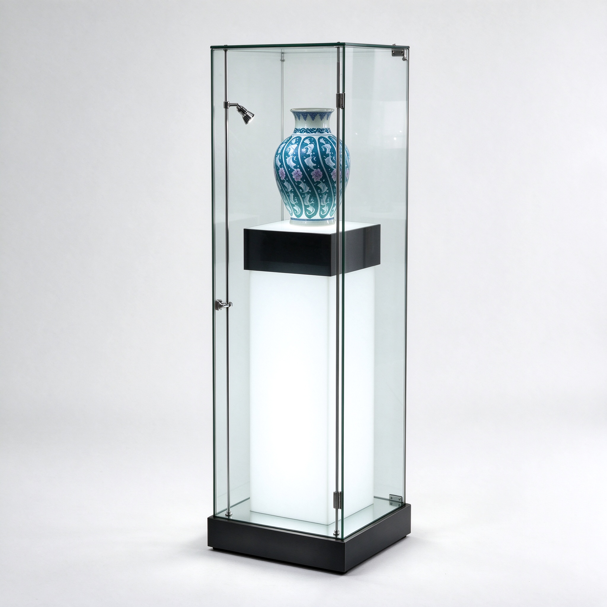 Museum illuminated pedestal case right 45 square view