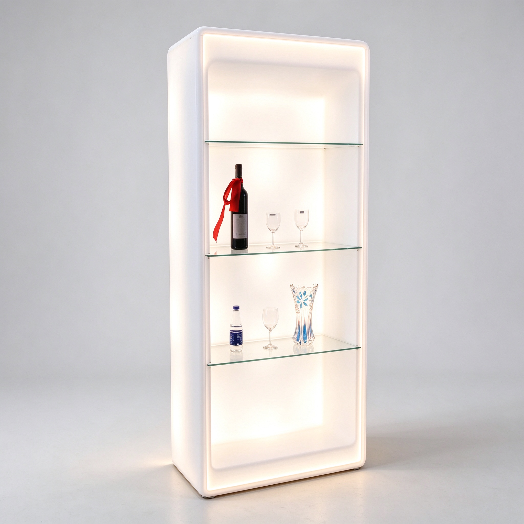 Halo-lit white acrylic tower left 45 square view