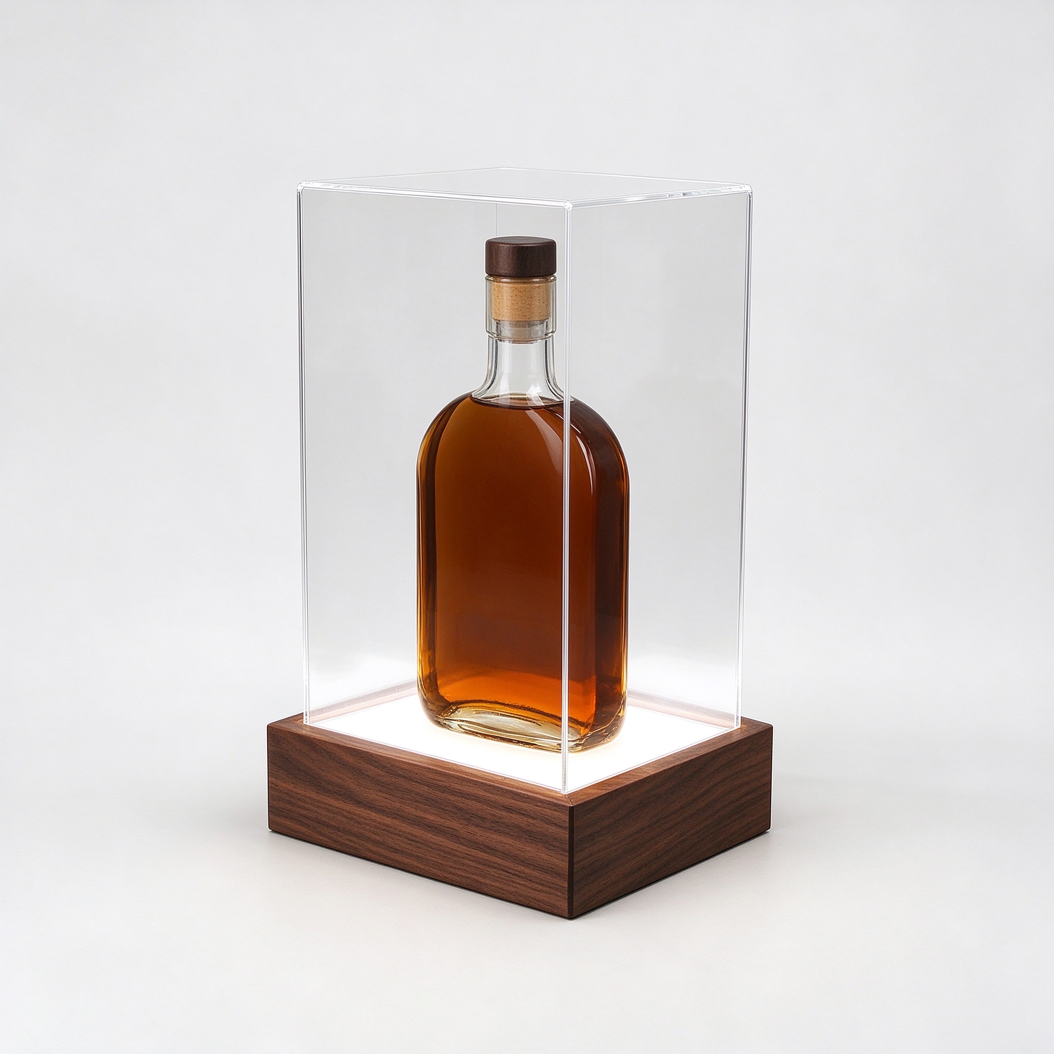 Lighted walnut bottle case left 45 square view