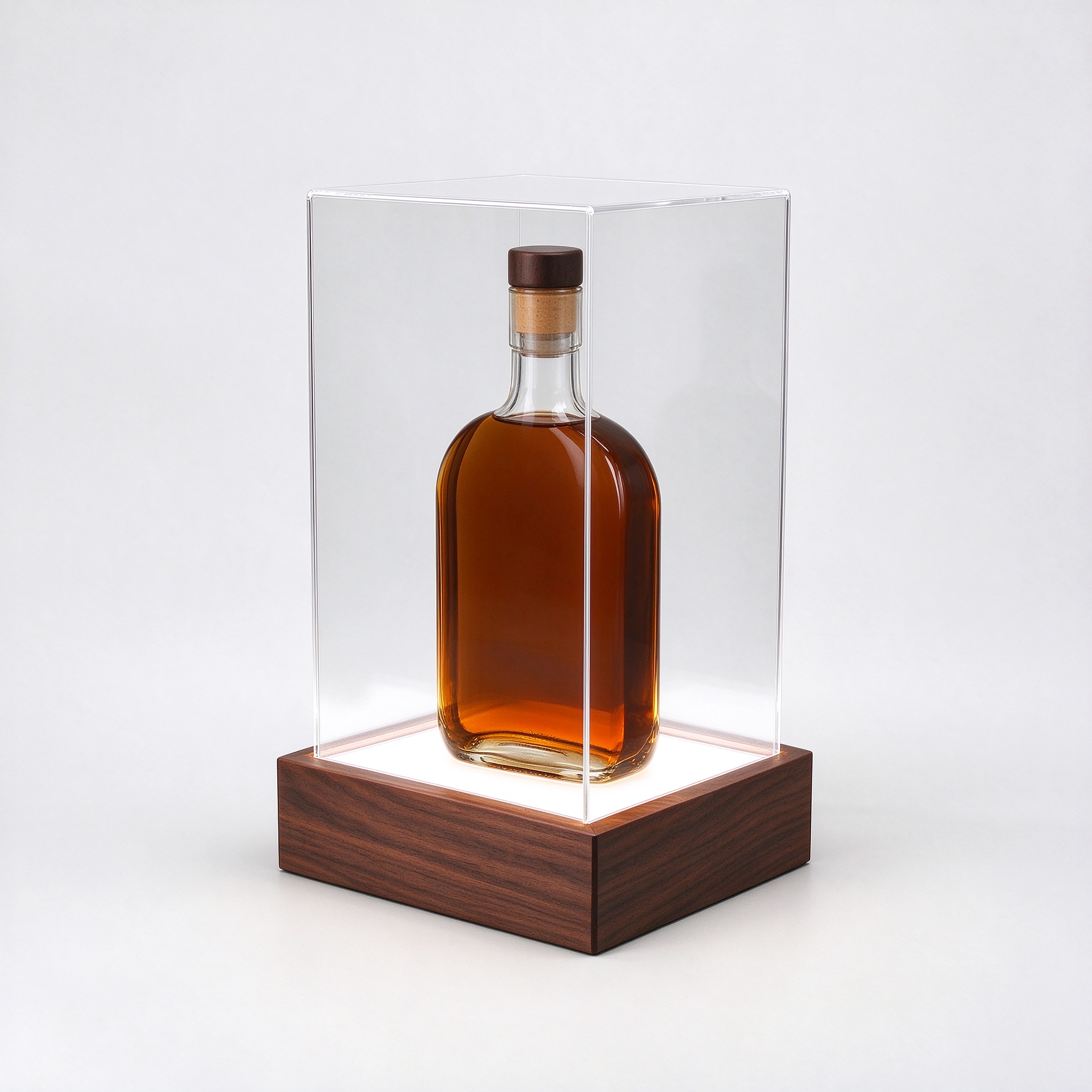 Lighted walnut bottle case right 45 square view