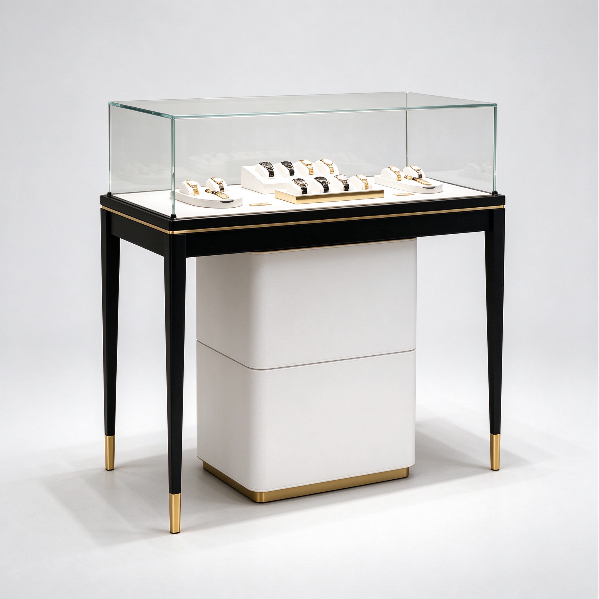 Black gold-tip watch table left 45 view