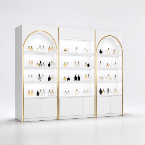 White arched gold trim perfume display cabinet left 45 degree angle view
