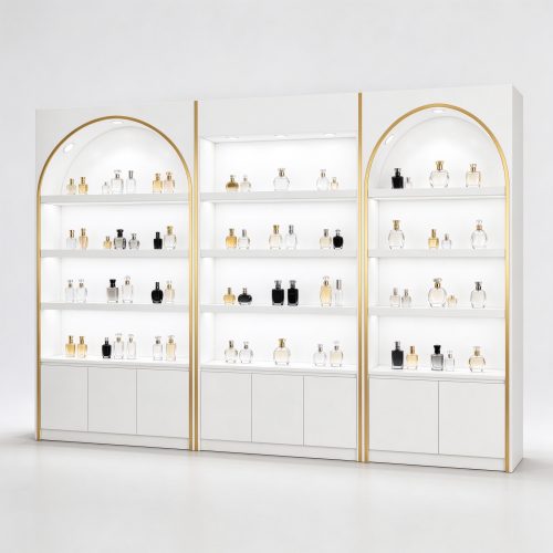 White arched gold trim perfume display cabinet right 45 degree angle view