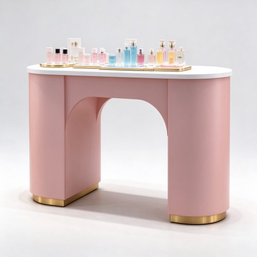 Blush pink arched perfume display counter left 45 degree view