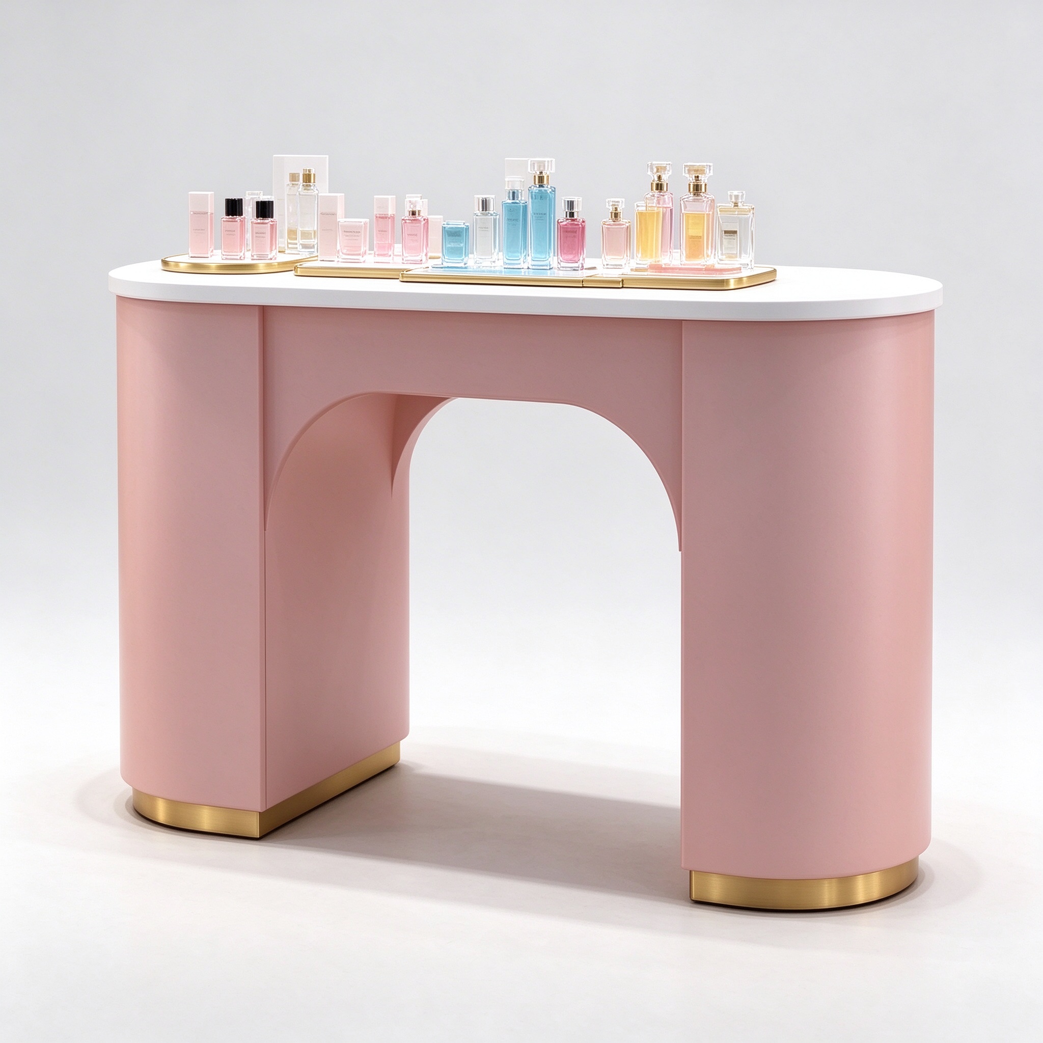 Blush pink arched perfume display counter left 45 degree view