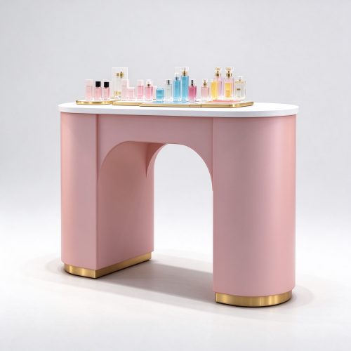 Blush pink arched perfume display counter right 45 degree angle view