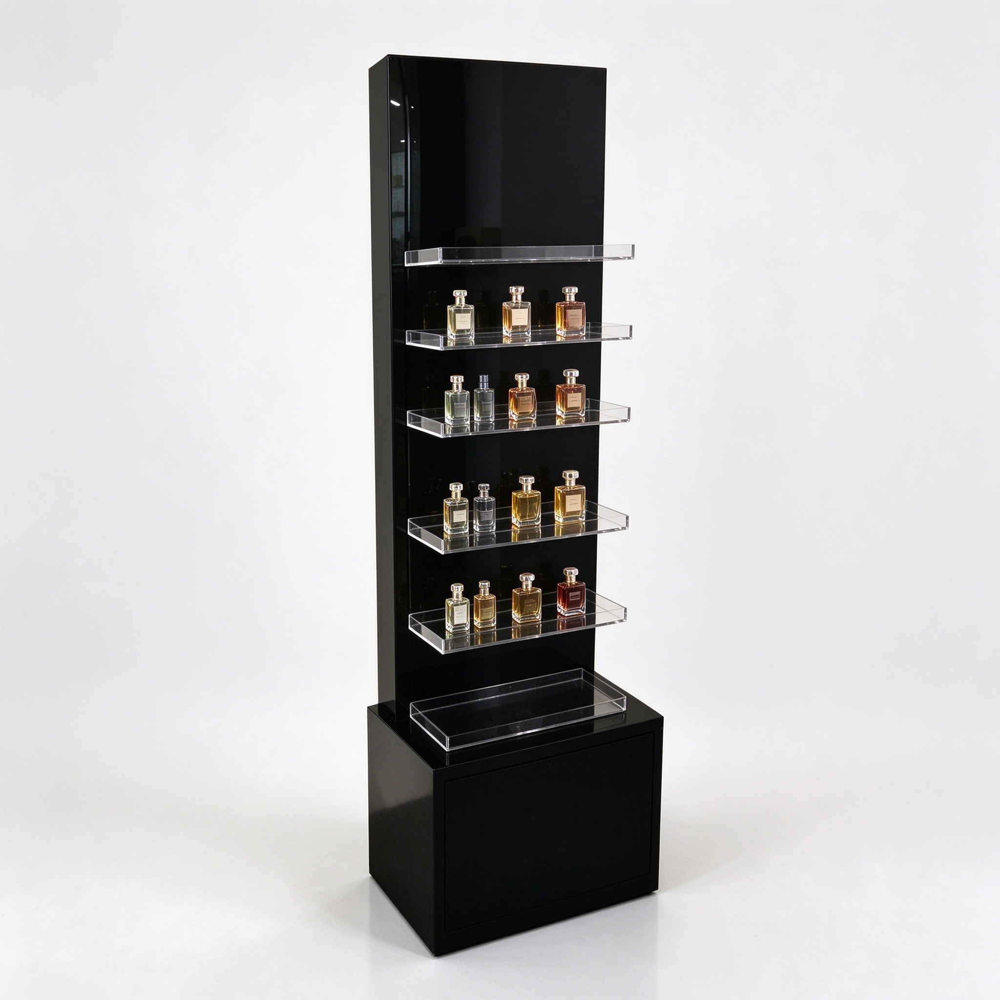 Black glossy perfume display stand with acrylic shelves left 45 degree view