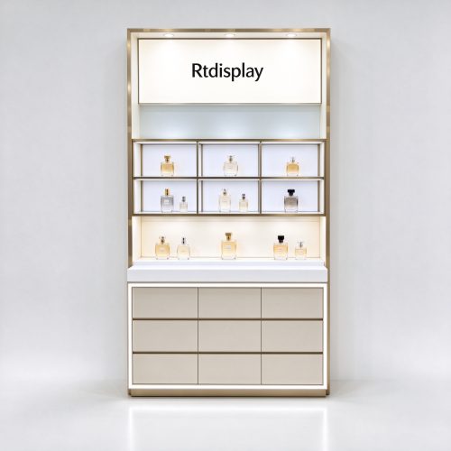 Beige champagne gold perfume display cabinet left 45 degree angle view