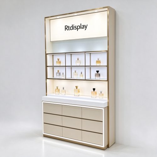 Beige champagne gold perfume display cabinet right 45 degree angle view