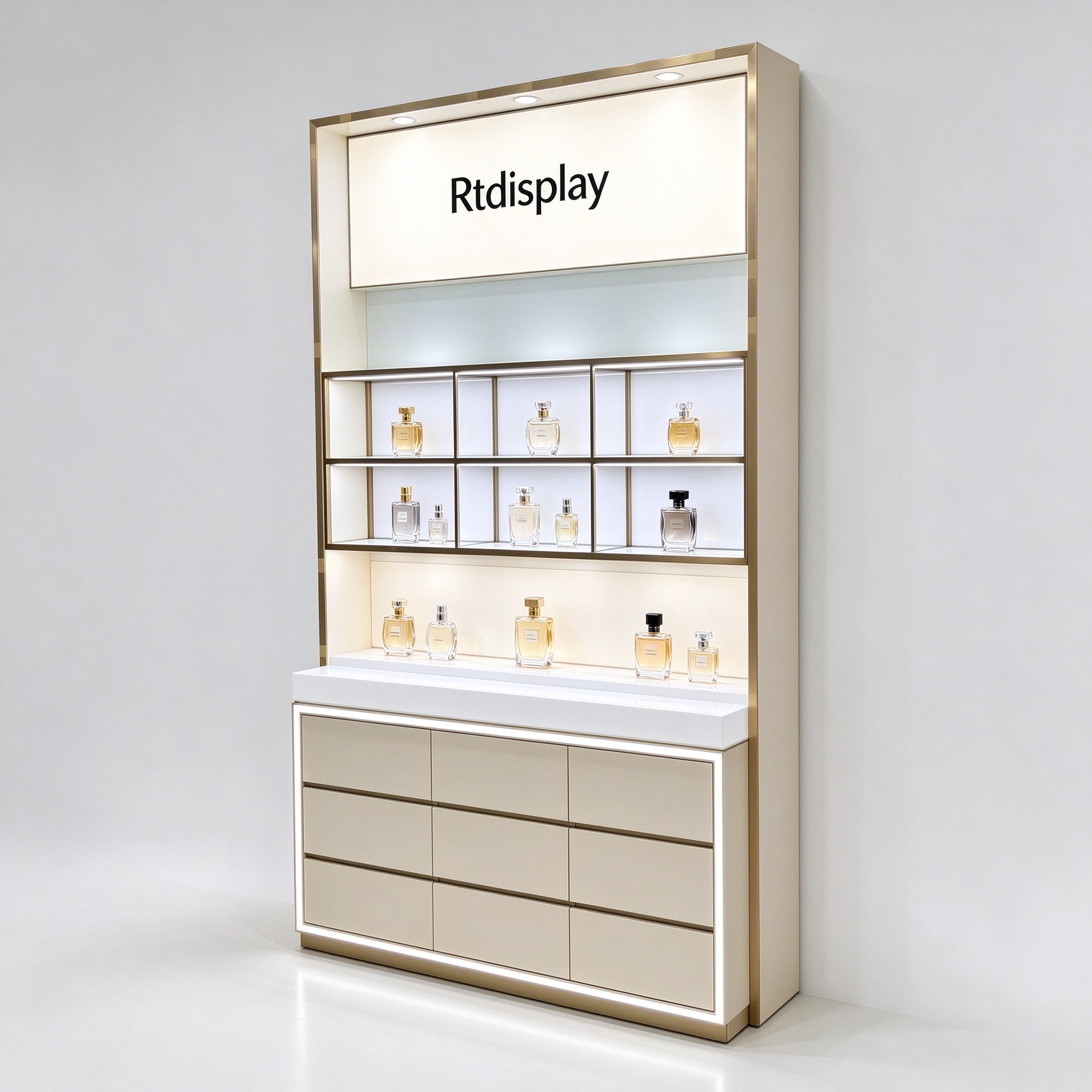 Beige champagne gold perfume display cabinet right 45 degree angle view