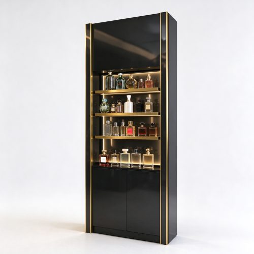 Black glossy perfume display cabinet with gold trim left 45 degree view