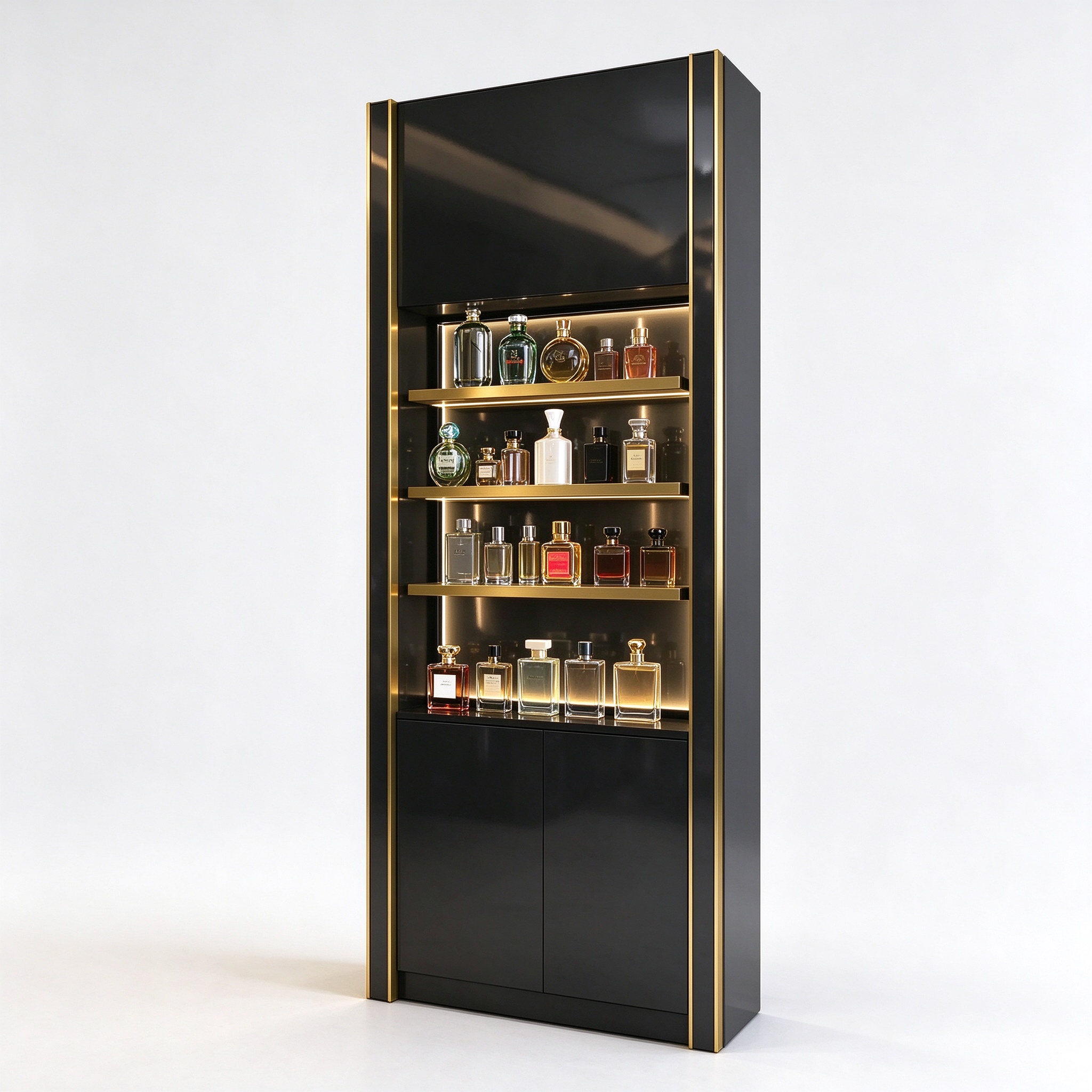 Black glossy perfume display cabinet with gold trim left 45 degree view