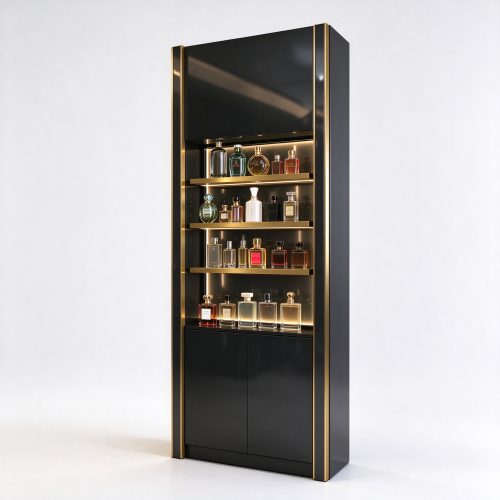Black glossy perfume display cabinet with gold trim right 45 degree angle view