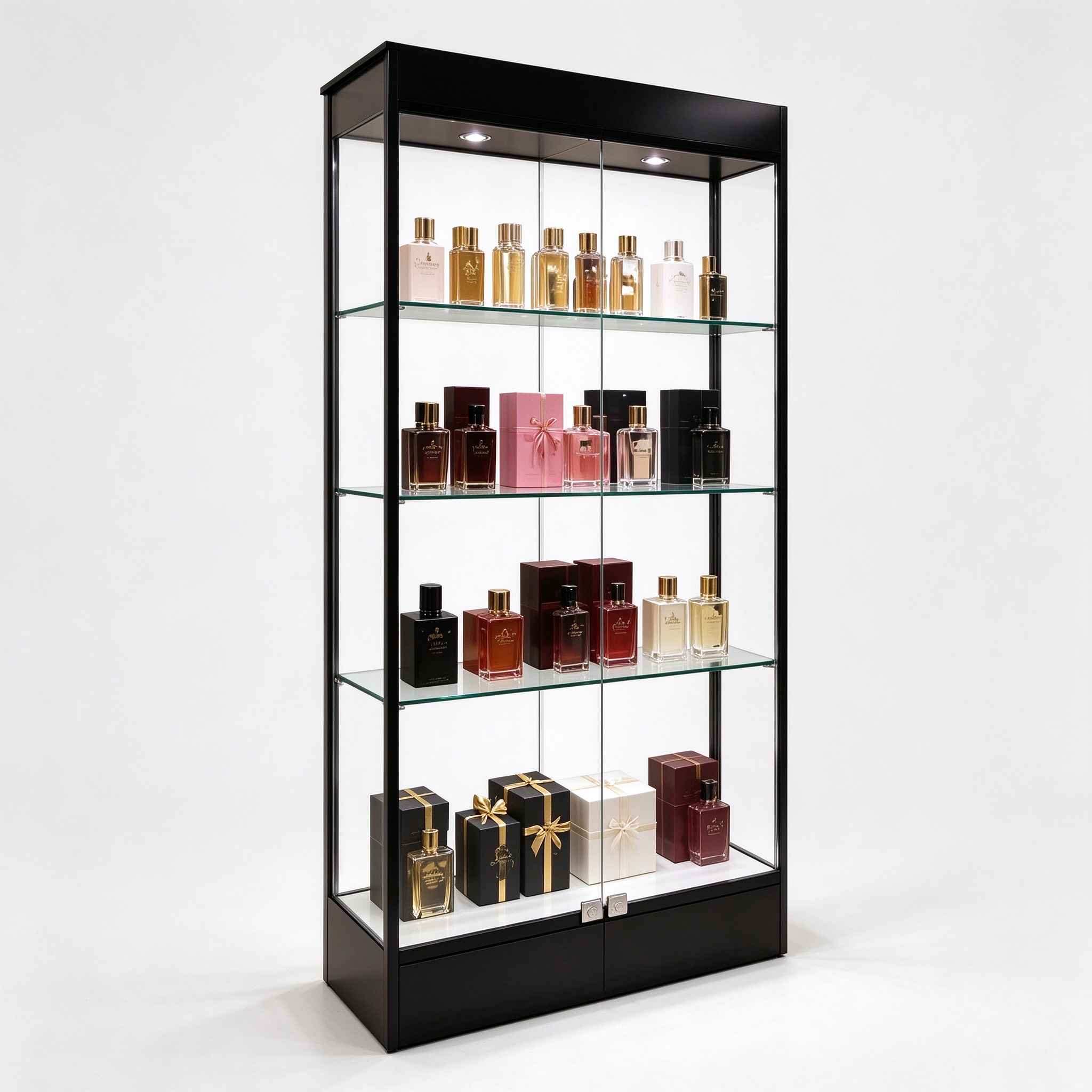 Black framed glass perfume display rack left 45 degree view