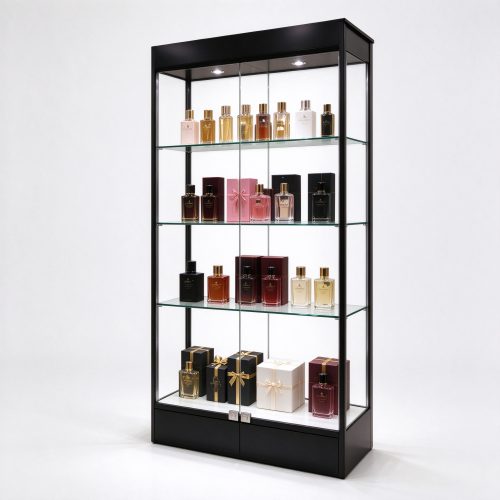 Black framed glass perfume display rack right 45 degree angle view