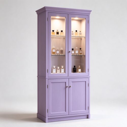Narrow lavender purple perfume display cabinet left 45 degree view