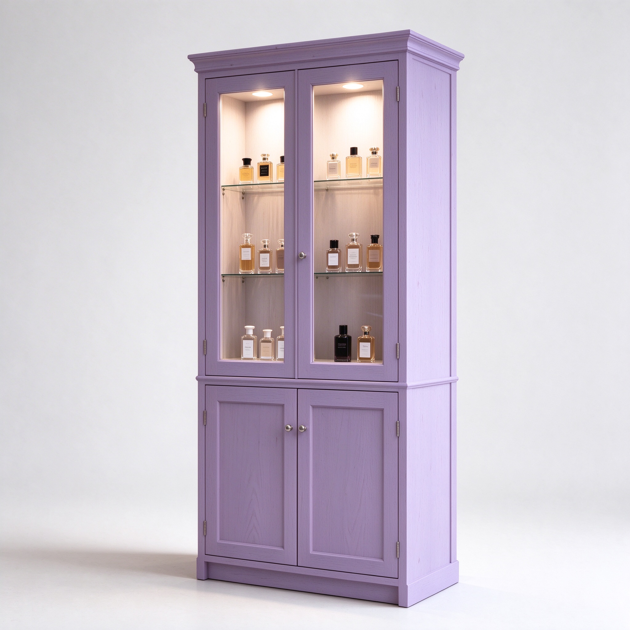 Narrow lavender purple perfume display cabinet right 45 degree angle view