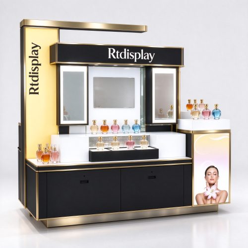 Black gold luxury perfume RMU kiosk left 45 degree view